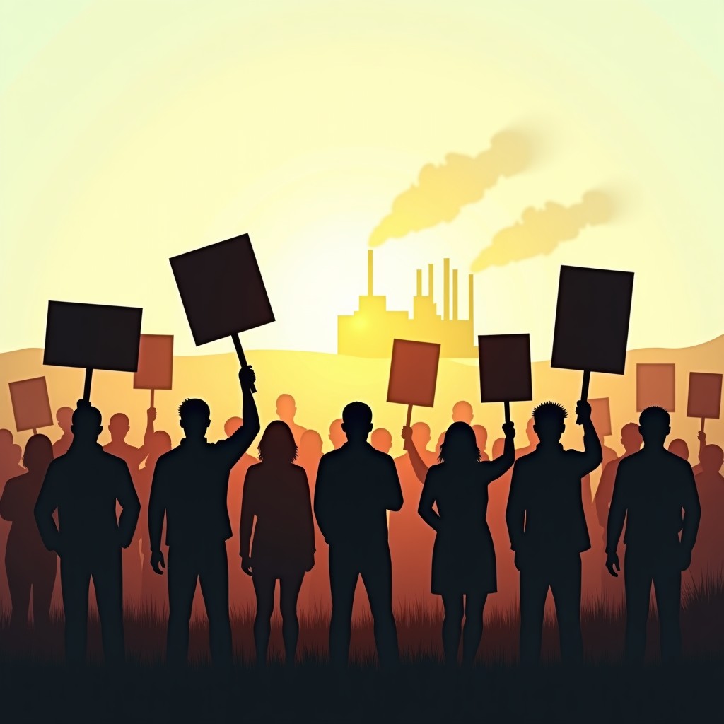 A group of diverse people holding placards protesting in front of a rural landscape with a distant silhouette of a large industrial building, soft daylight, realistic style, 4:3