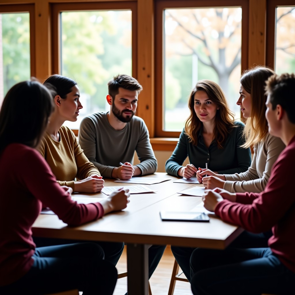 Group of diverse community members sitting around a wooden table in a cozy community center, discussing maps and flyers, focused and hopeful expressions, natural sunlight through windows, 4:3