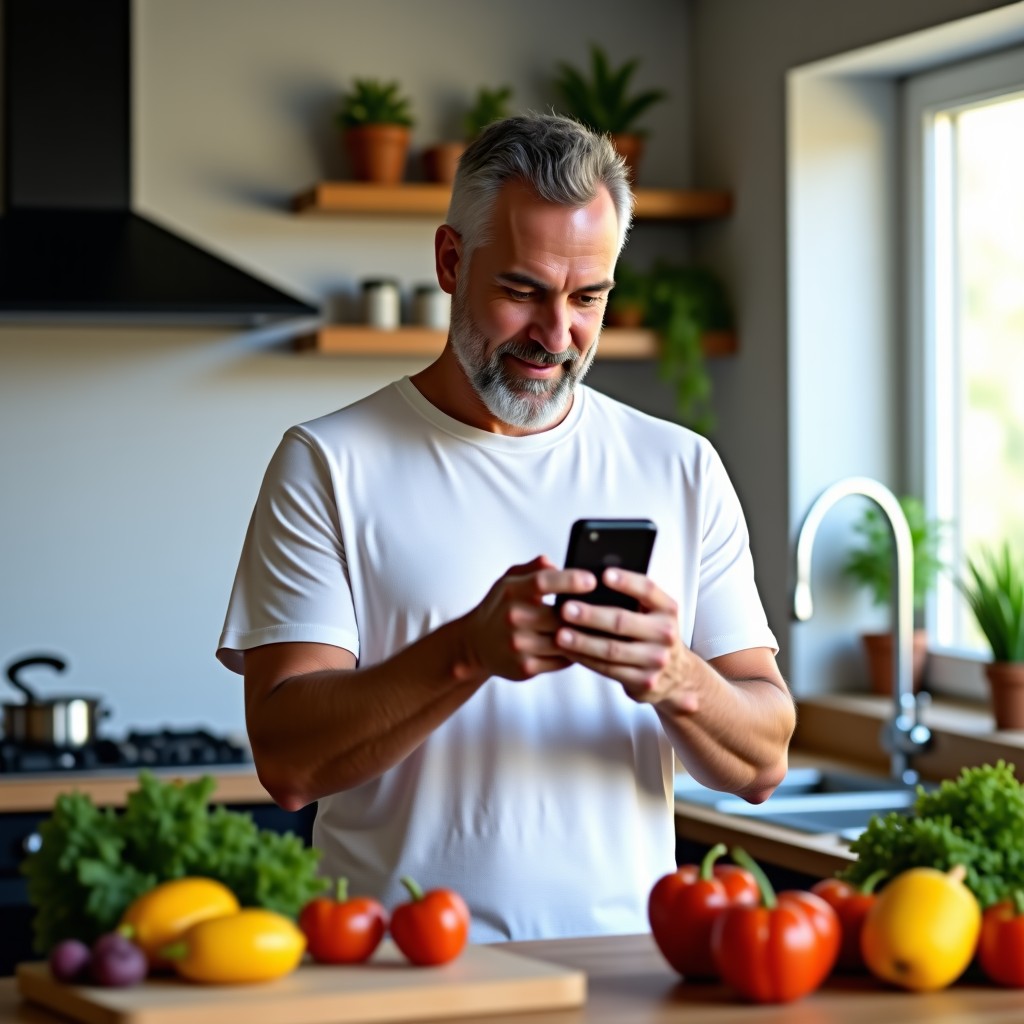A middle-aged man in a modern kitchen talking to his smartphone naturally, kitchen background with healthy food ingredients, soft daylight, realistic lifestyle photography, 4:3