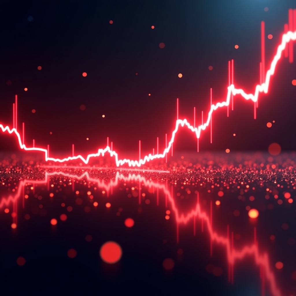 A dramatic visual of a digital stock market crash with glowing red downward lines and abstract data particles in a dark futuristic trading room. 1:1
