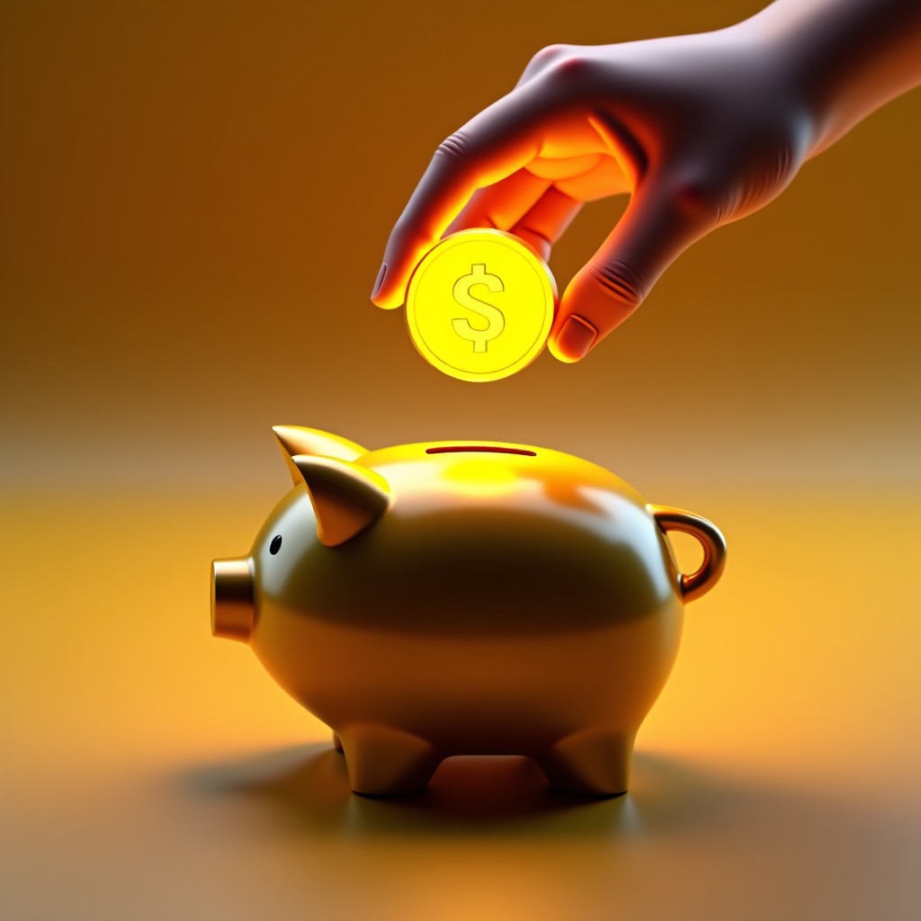 A golden coin being placed into a sleek futuristic piggy bank symbolizing share buyback and financial stability with a glowing background. 1:1