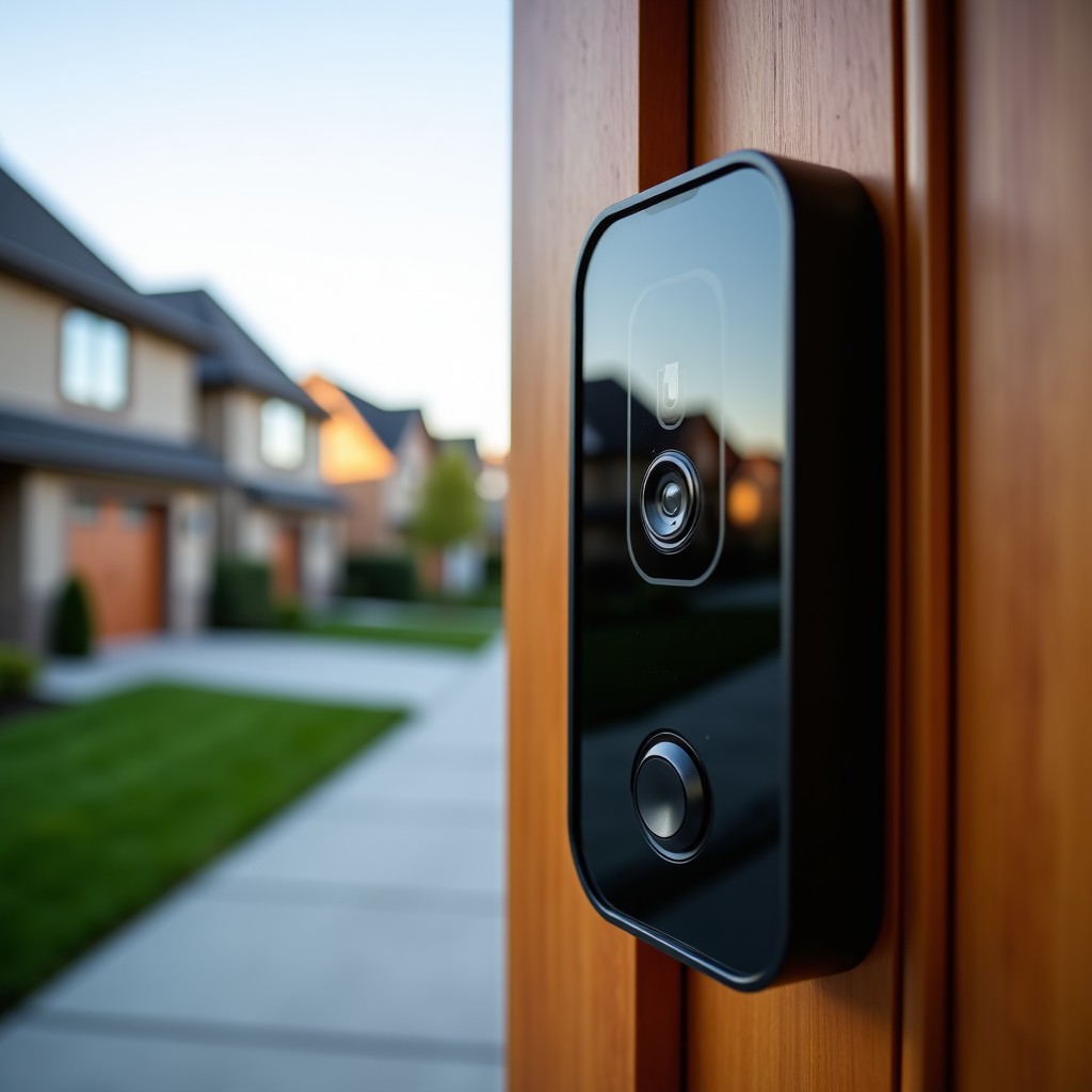 A sleek modern smart doorbell camera mounted on a suburban wooden door frame, wide angle view of a quiet neighborhood street reflected in the camera lens, professional architectural photography style, 1:1