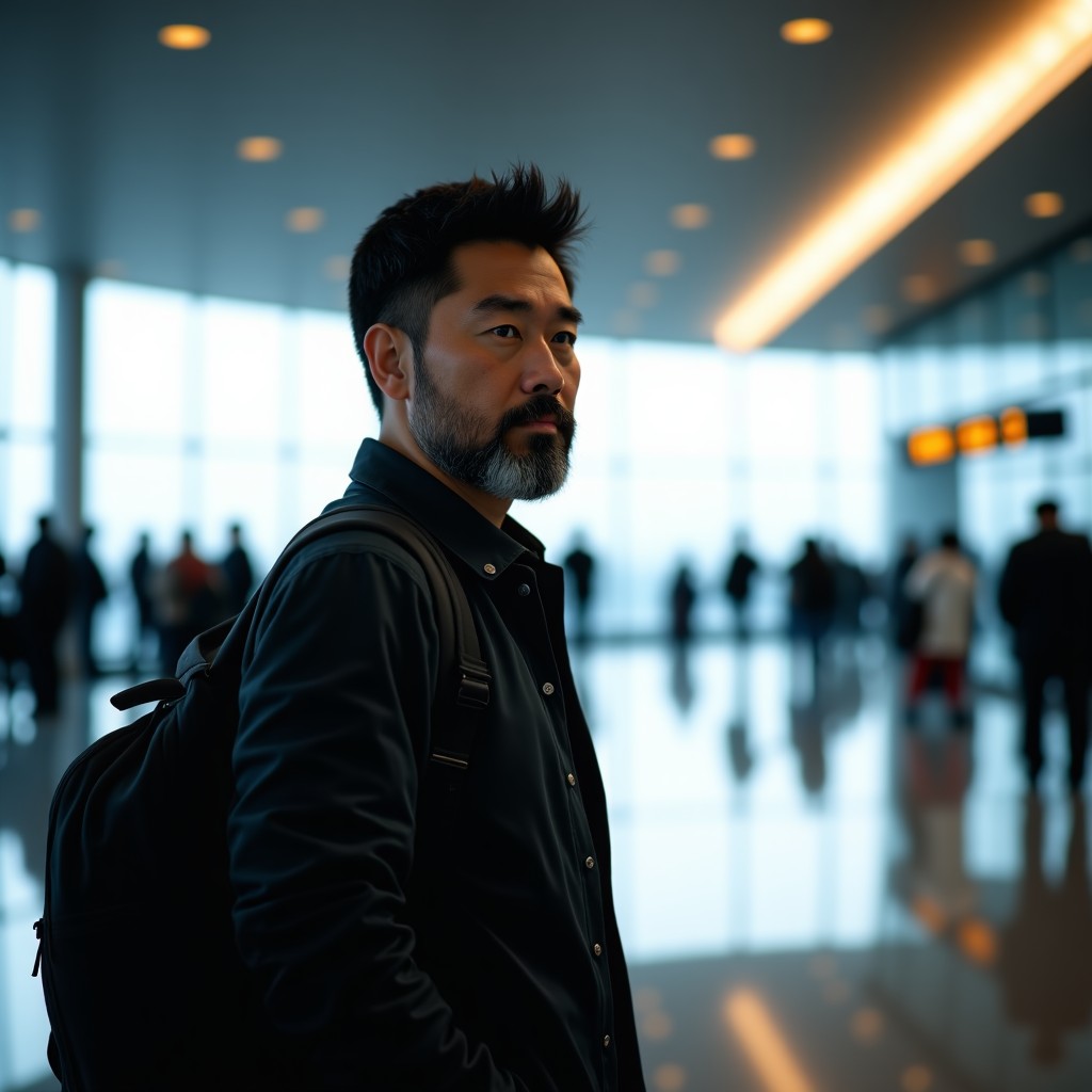 A world famous middle aged Chinese artist with a beard standing at a modern airport terminal in Beijing, carrying a simple backpack, cinematic lighting, realistic photography style, 1:1
