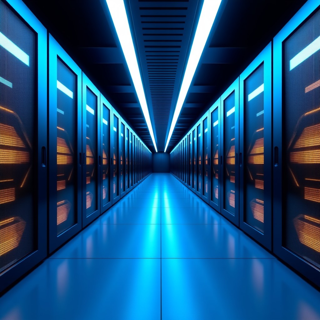 A sprawling high tech data center interior with subtle Arabic geometric patterns on the walls, blue and gold LED lights, realistic professional photography, 1:1