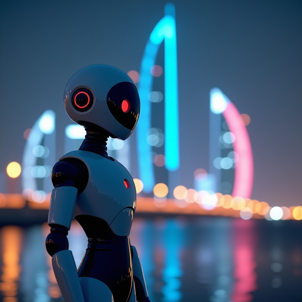 A futuristic humanoid robot standing in front of the modern Doha skyline at night, glowing neon lights, cinematic lighting, 4:3