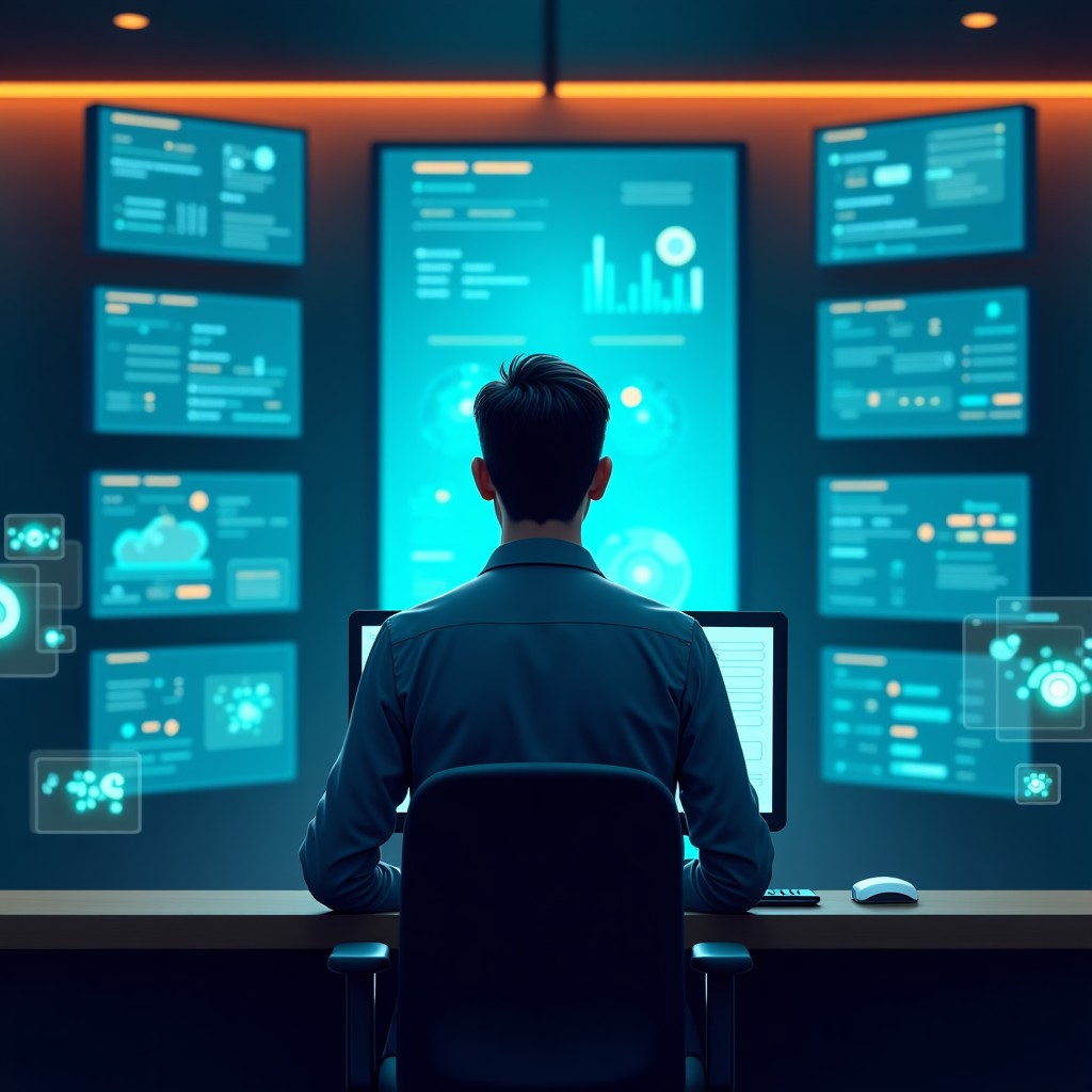 A professional IT administrator in a high-tech control room monitoring multiple AI agent workflows on large vertical displays. Focused expression, back view, holographic interface elements floating in the air. Cyan and orange accent lighting. 4:3