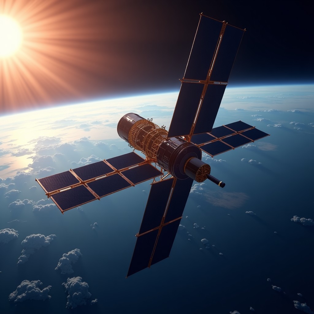 Satellite in Earth orbit with a large sail-like cooling structure, sun reflecting off surfaces, hyper-realistic, 1:1