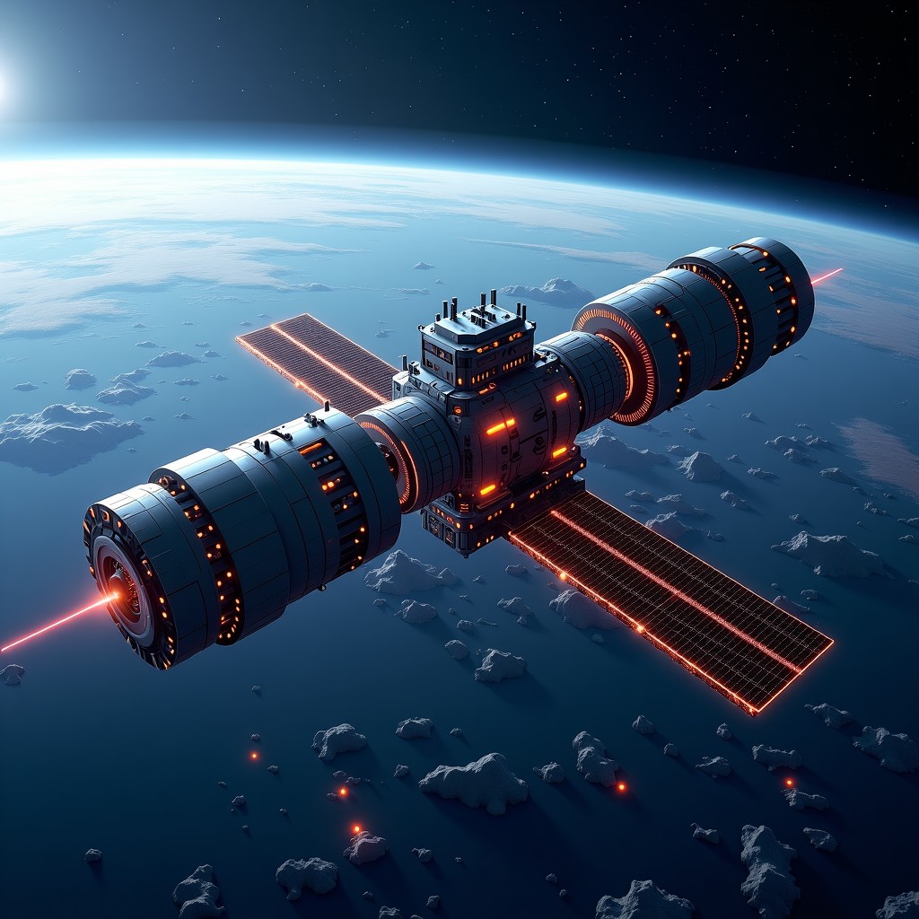 A massive futuristic satellite data center with large glowing processor cores orbiting Earth, interconnected with laser communication beams, highly detailed science fiction style, 4:3