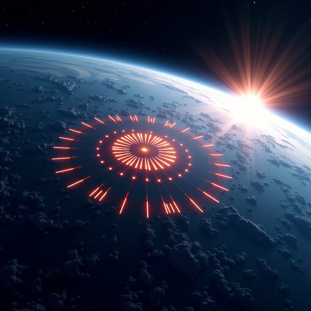 A massive network of solar-powered satellites in Earth orbit forming a glowing data center cluster, cinematic view of Earth from space, 4:3