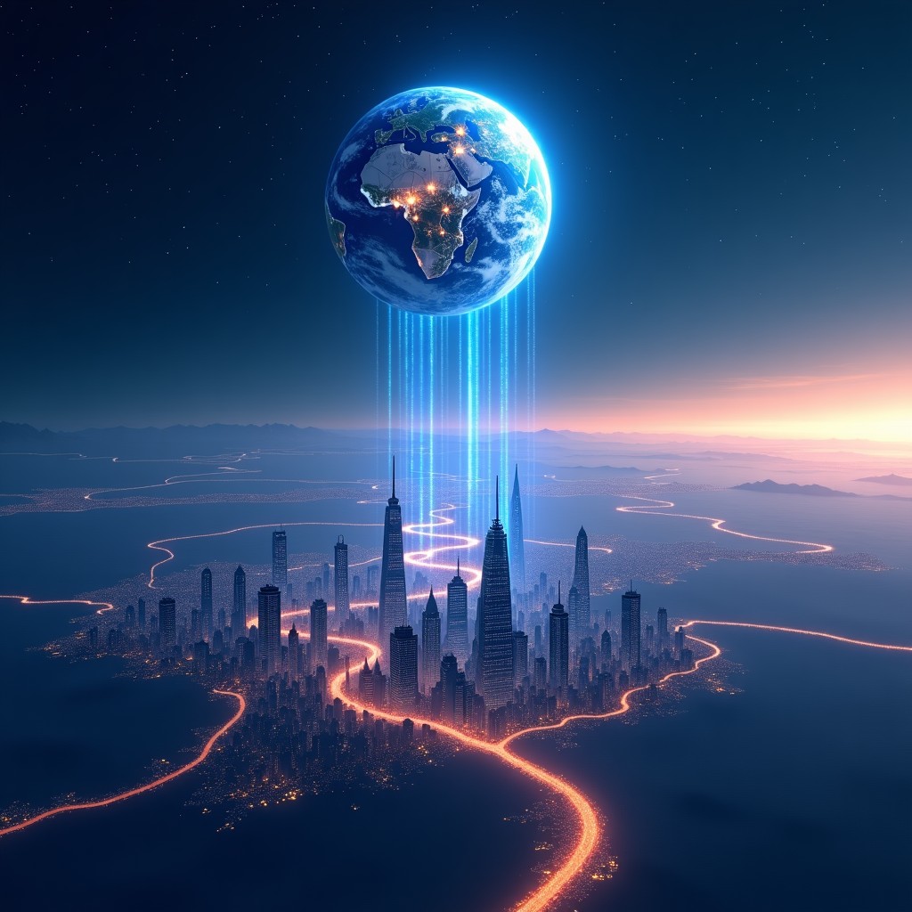 Concept art showing the connection between Earth cities and orbital data centers, glowing data streams rising into the sky, futuristic city lights, 16:9