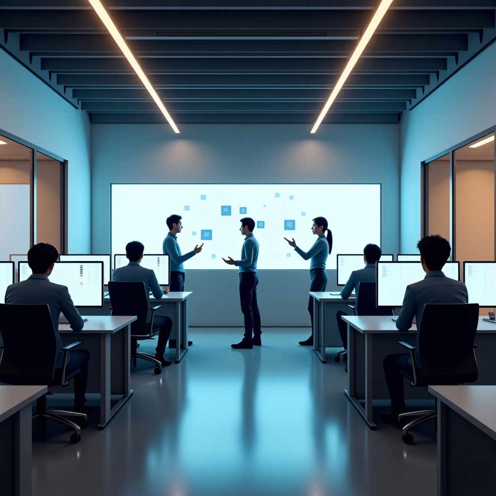 A wide-angle shot of a modern minimalist office where employees are using digital holographic displays integrated with AI. Warm lighting, professional atmosphere, Korean people looking engaged, realistic photography style, 1:1 aspect ratio. NO TEXT.
