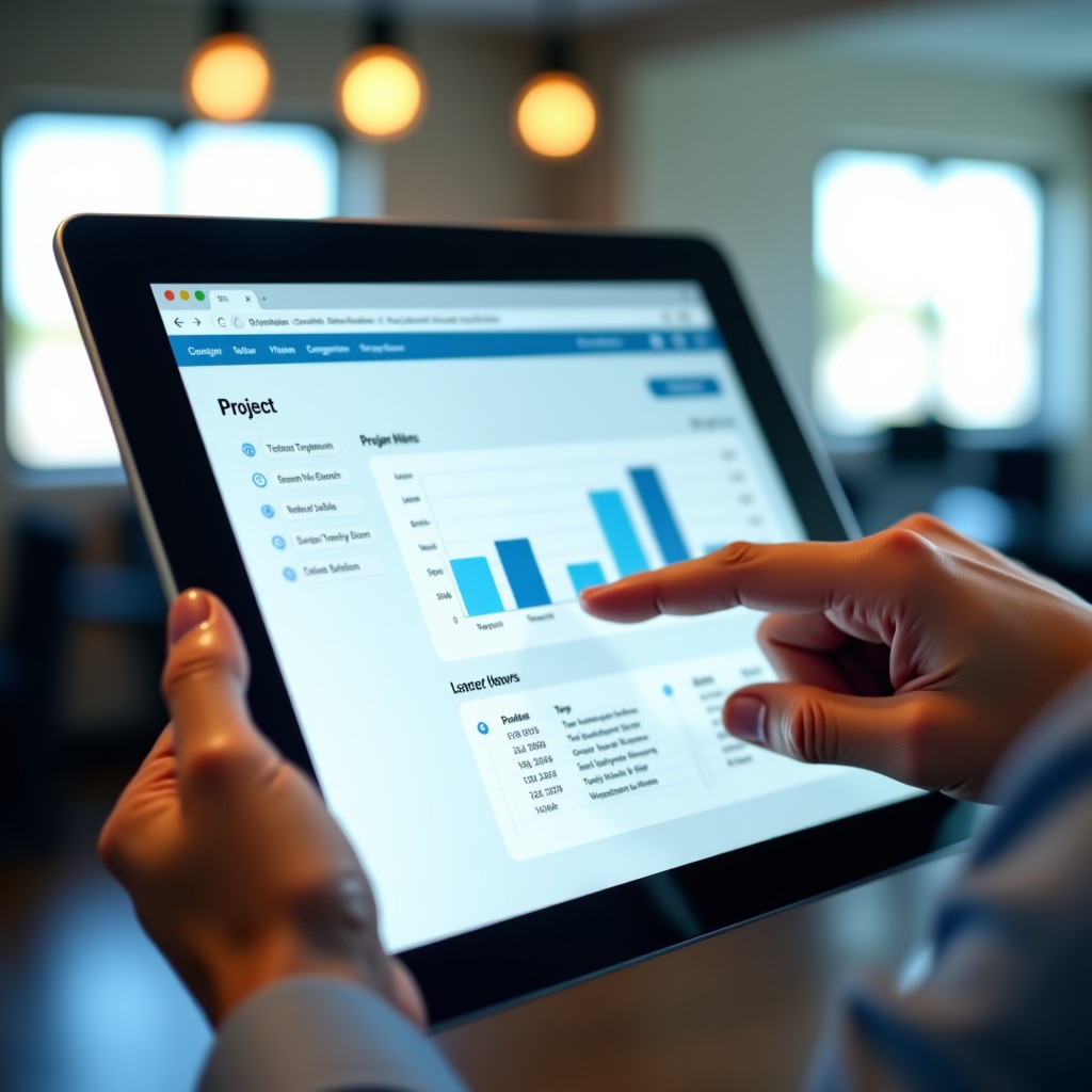 A close-up shot of a professional hand using a tablet displaying a clean and organized project management dashboard with task cards and progress bars. The background is a blurred modern office setting. 4:3