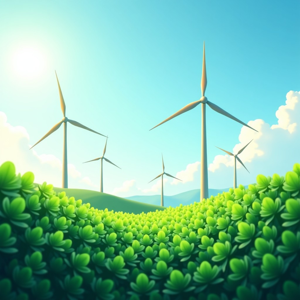 A digital neural network pattern integrated with green leaves and clean wind turbines under a bright clear sky, modern and clean layout, 4:3