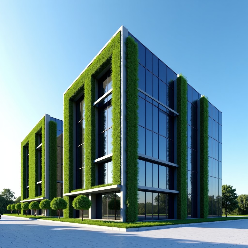 A modern and sleek data center building integrated with vertical gardens and solar panels, blue sky background, clean and professional architectural photography, 1:1