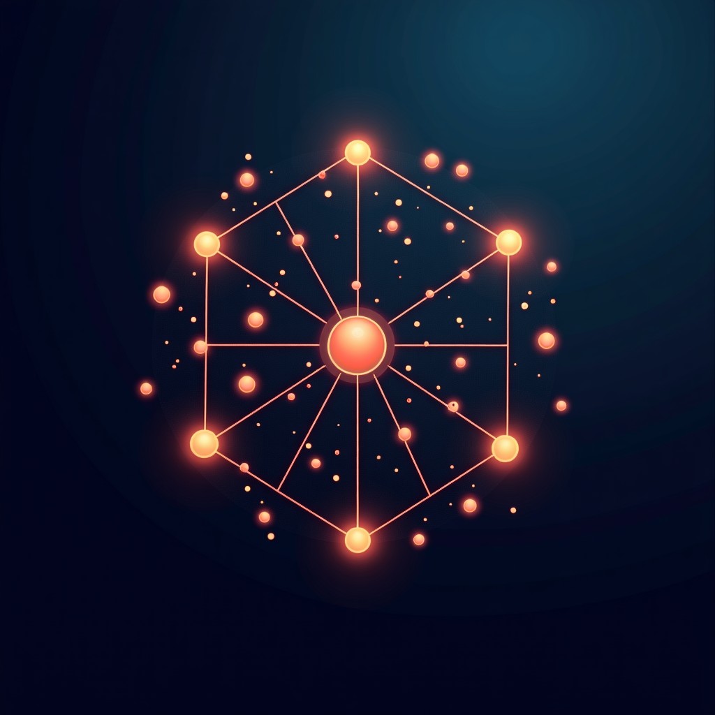 A complex knowledge graph visualization with interconnected nodes on a dark background, glowing lines, professional data science aesthetic, 1:1