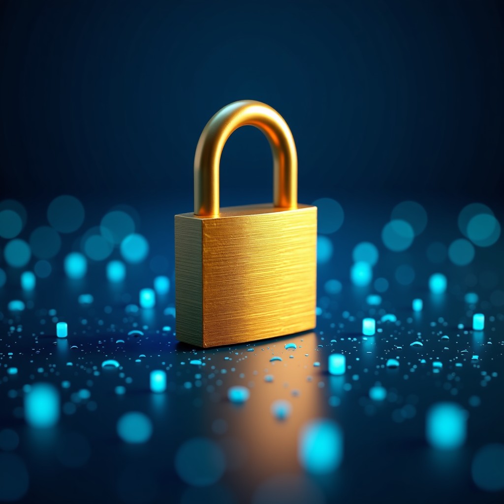 An artistic rendering of a golden padlock securing a digital data stream with translucent binary codes, high contrast, blue and gold tones, 4:3