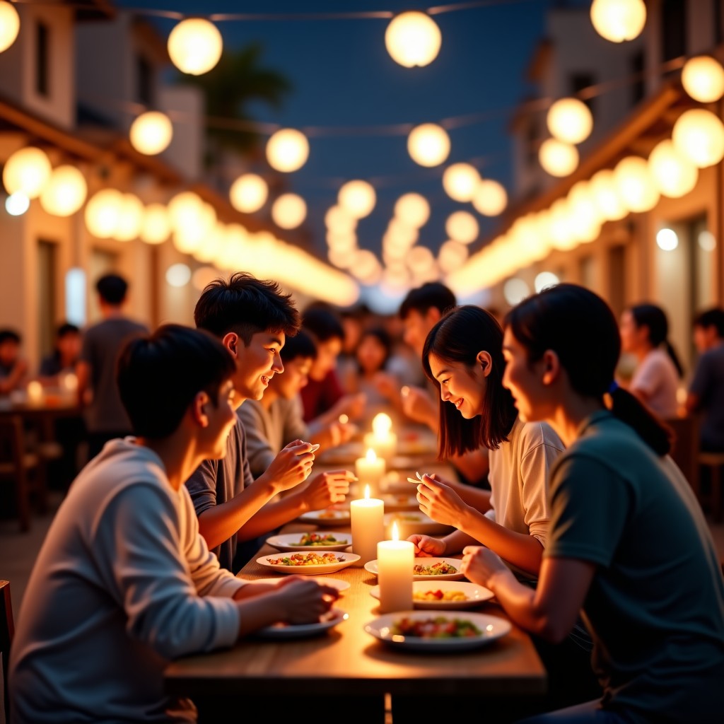 A group of Korean friends enjoying a local community food festival at night. Warm string lights hanging above. High quality photography style. 4:3