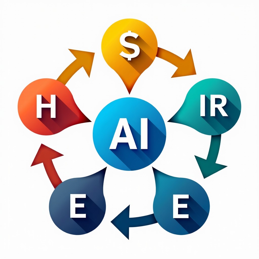 Infographic style image showing different professional icons representing Finance HR and Engineering connected to a central AI hub. Vibrant colors and clear iconography. 4:3
