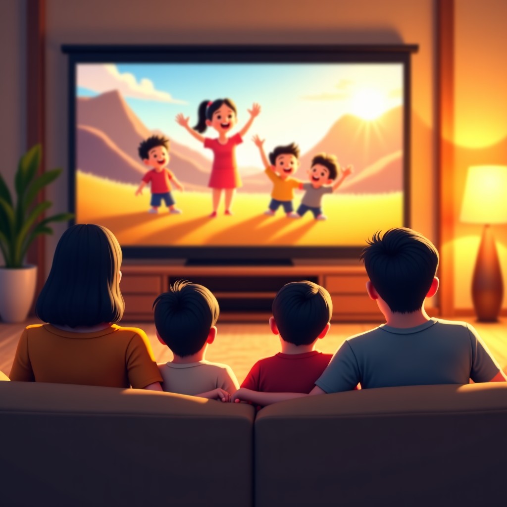 A happy Korean family including parents and two children sitting together on a large sofa, watching an animated movie on a big screen. The room is filled with warm golden hour sunlight, natural and joyful expressions, realistic lifestyle photography, 4:3
