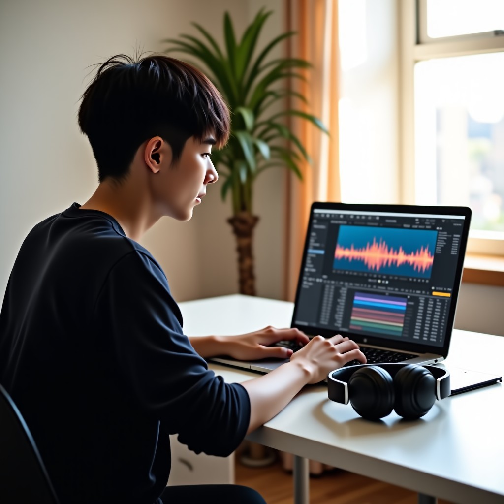 A young Korean person sitting at a minimalist white desk with a high-end laptop. On the screen, a colorful sound wave editing software is open. Large professional headphones are resting on the desk. Soft natural sunlight is streaming through a window, creating a warm and peaceful atmosphere. Lifestyle photography, 4:3.