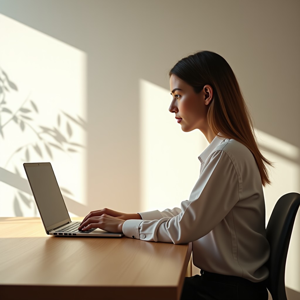 A minimalist and bright home office with a person working on a laptop, clean desk, wooden textures, natural sunlight coming through the window, 1:1