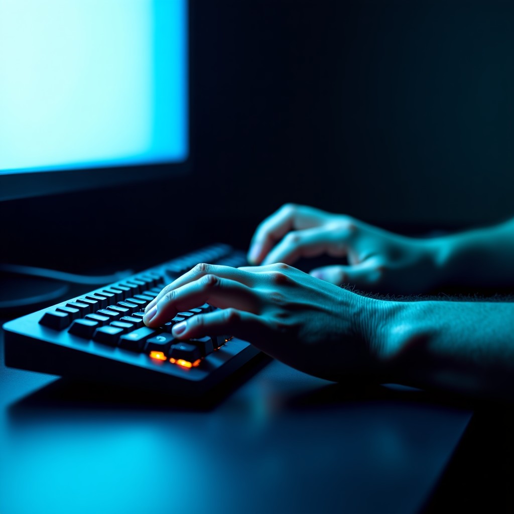 Close-up of hands typing on a mechanical keyboard with a glowing screen reflecting on the desk. Dark room with subtle neon blue lighting. High contrast cinematic lighting. 4:3