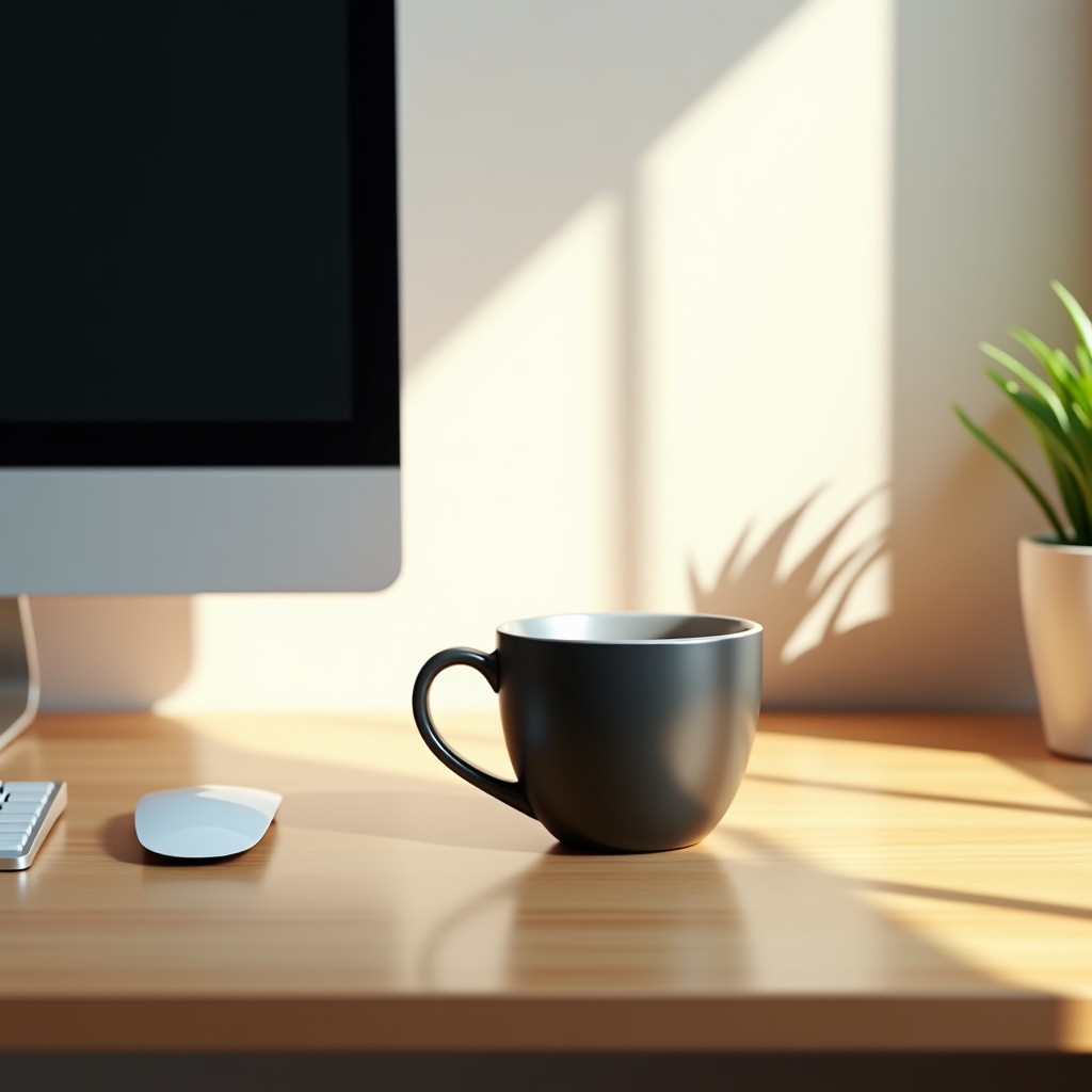 A peaceful minimalist workplace with a single high-end laptop and a ceramic cup of coffee on a wooden desk, soft morning sunlight hitting the surface, clean and organized composition. 4:3