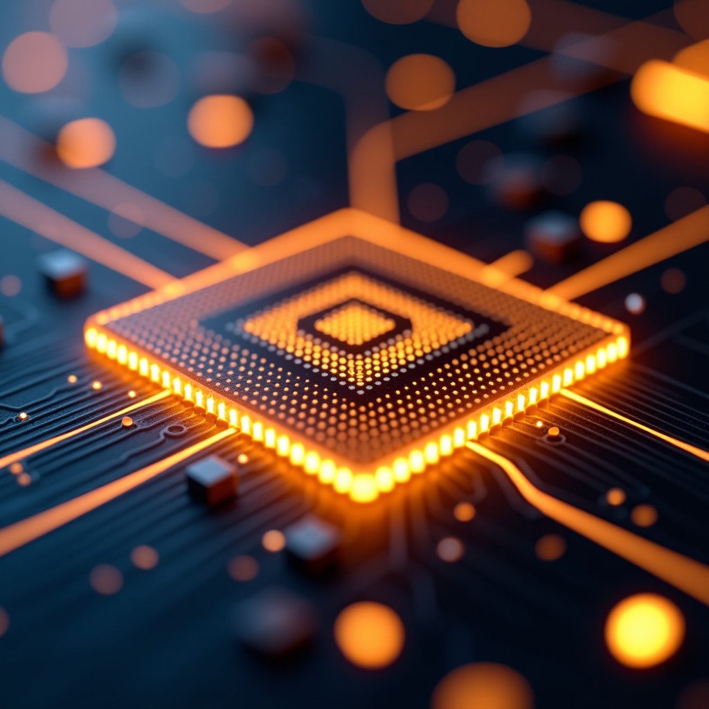 A macro close-up shot of a sophisticated AI semiconductor chip on a circuit board, intricate golden patterns, glowing light paths, futuristic technology aesthetic, professional studio lighting, 4:3