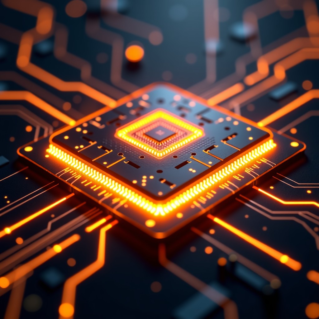 A futuristic representation of a high-performance computer chip with glowing golden circuits and light trails, dark background, technological sophistication, 4:3