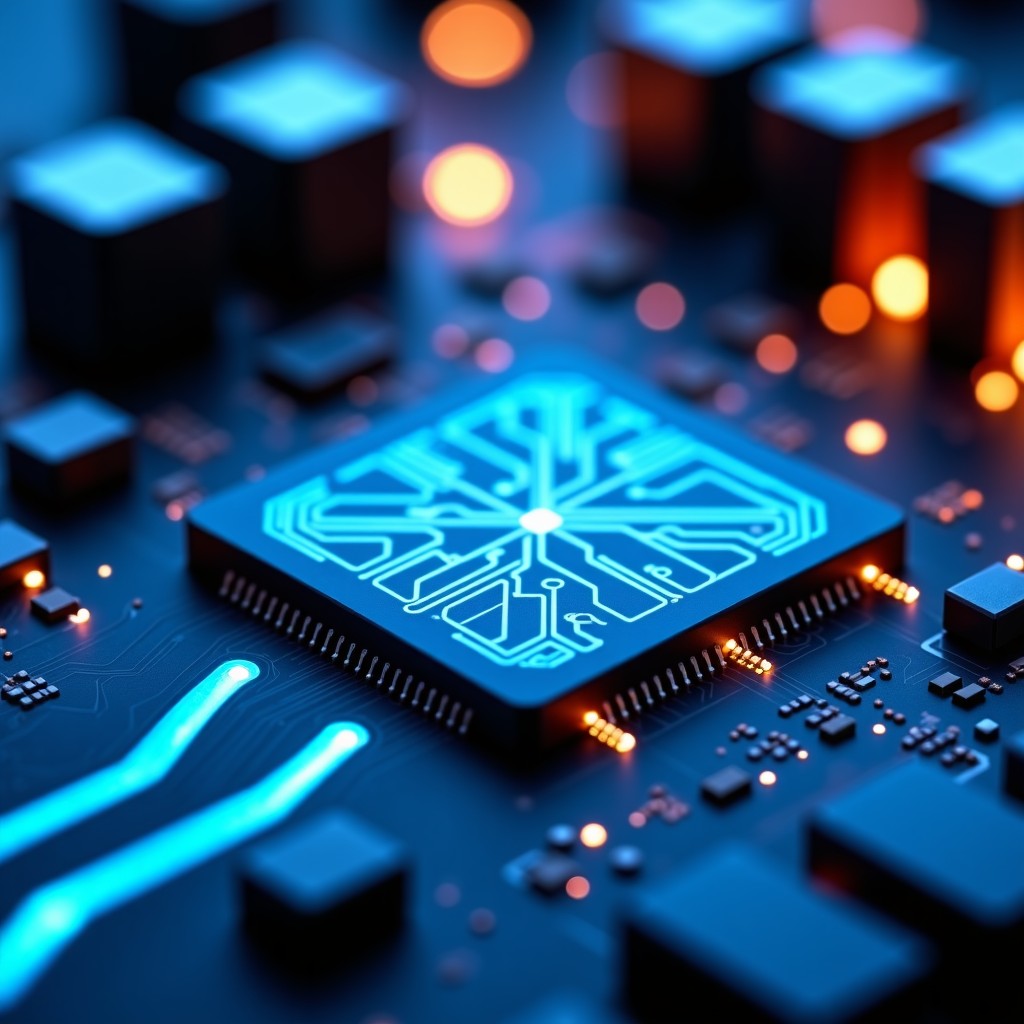 A high-detail macro photography shot of a futuristic computer chip labeled with abstract circuitry patterns. The chip is mounted on a high-tech motherboard with glowing blue accents. Warm professional lighting in a tech lab setting. No text. 4:3