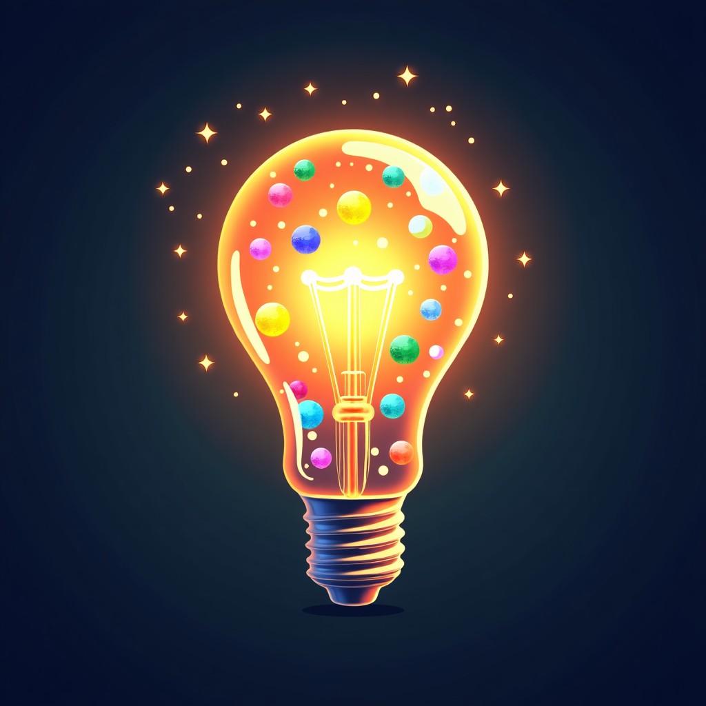 A glowing light bulb filled with colorful floating digital icons and geometric shapes, dark background with subtle sparkles, artistic concept of inspiration, 4:3