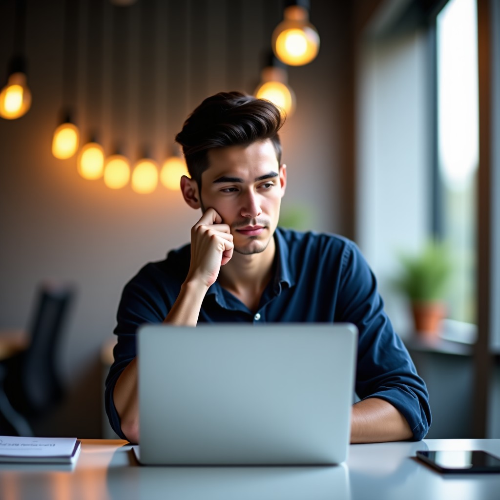 A modern workspace with a focus on a young professional looking thoughtful and inspired while working on a laptop. The background features soft bokeh lights and a clean interior design. High-quality lifestyle photography style. 4:3