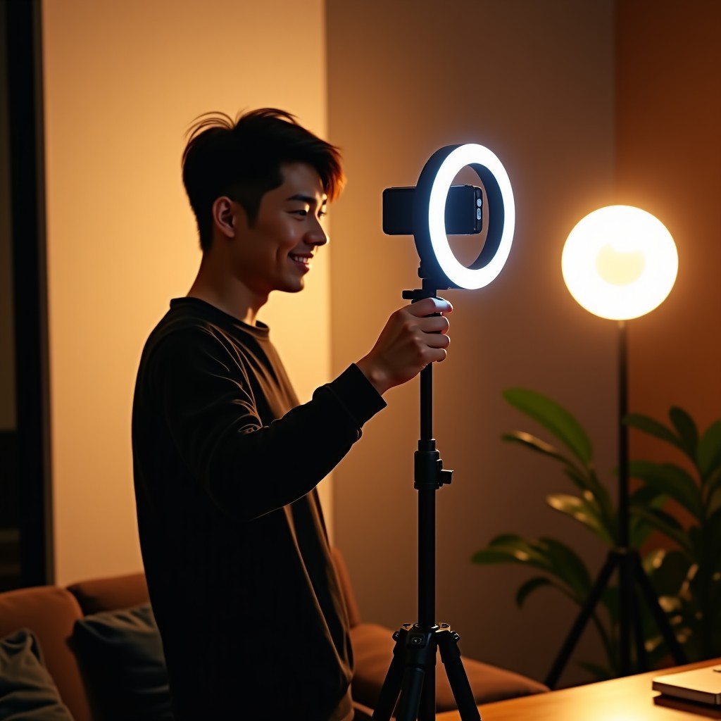 A professional content creator using a high-end smartphone on a tripod with a ring light in a stylish studio. The creator has a natural Korean appearance and is smiling. Warm and professional atmosphere. 1:1