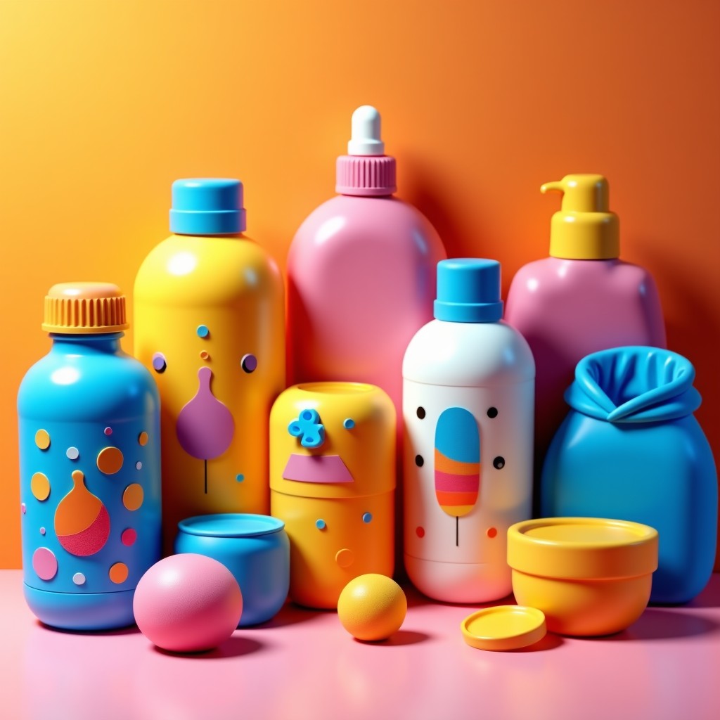 A collection of various consumer products like snacks, app icons, and clothing with a stylized creator logo, organized on a clean studio table. Vibrant colors, studio lighting. 1:1