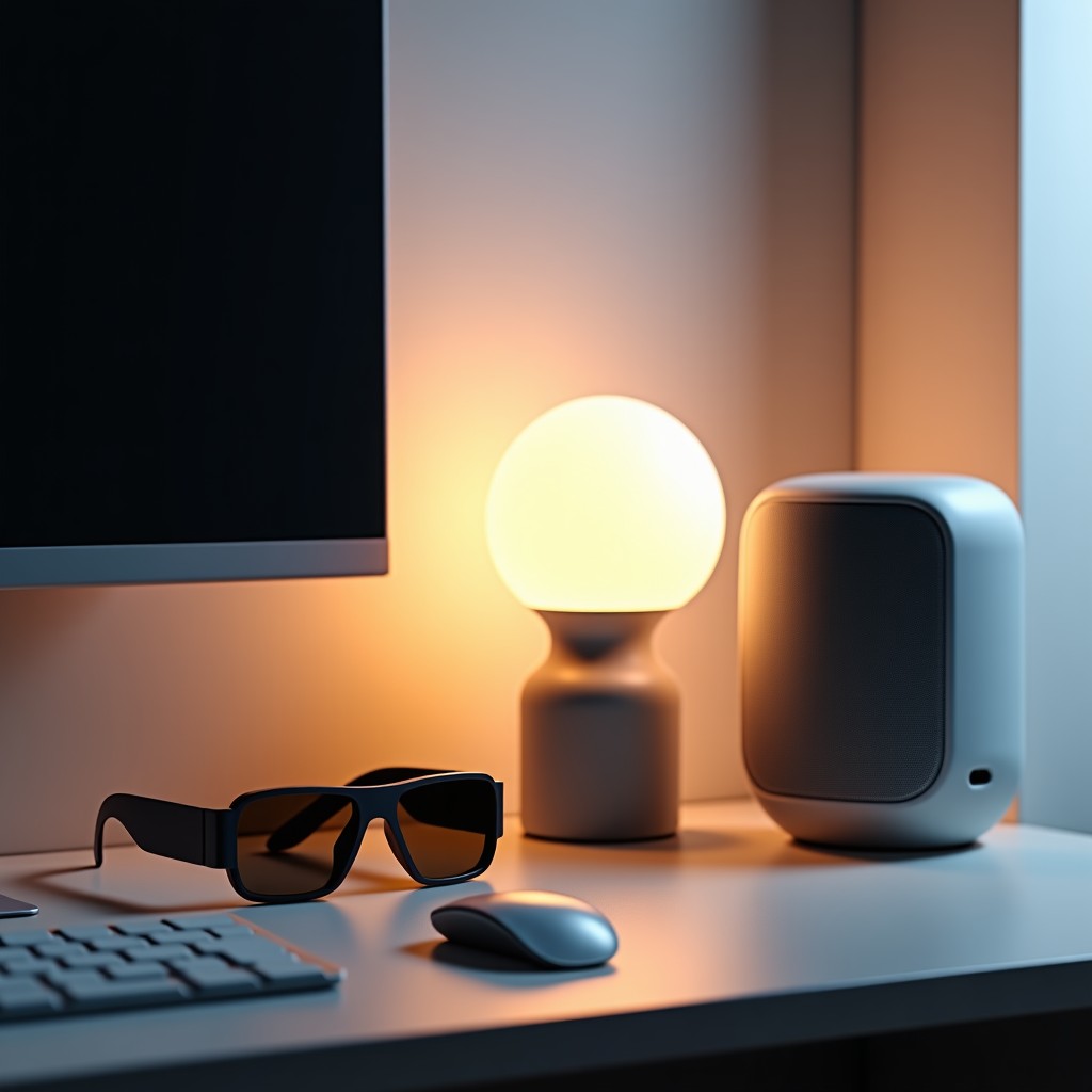 A collection of modern AI devices including smart glasses, a sleek lamp, and a minimalist speaker on a designer desk, cinematic and detailed composition, soft ambient lighting, 4:3