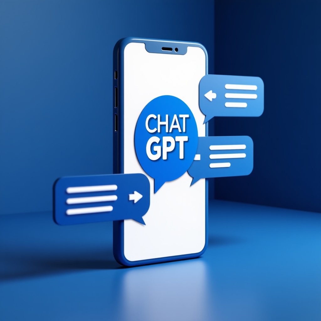 A conceptual high-tech digital interface showing the ChatGPT logo on a smartphone screen with subtle sponsored ad placements. Modern and clean aesthetic, blue and white color palette, professional technology vibe. 4:3