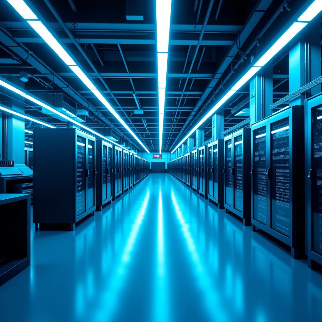 Interior of a high-tech automated factory in Houston with advanced robotic arms and server racks, clean blue and white lighting, futuristic industrial design, professional wide angle, 4:3