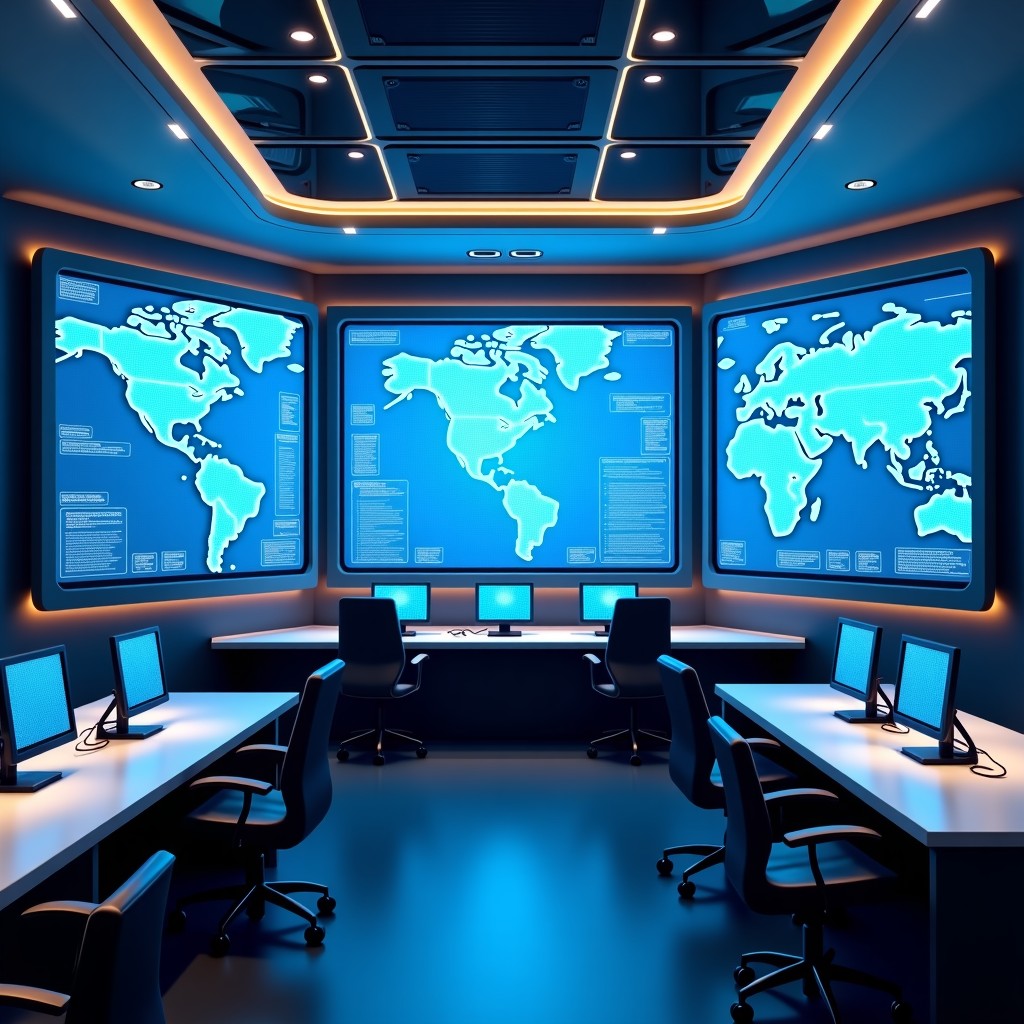 A modern and sophisticated police AI command center with large holographic displays showing data patterns and city maps, professional atmosphere, sleek interior design, high-tech monitoring equipment, 4:3