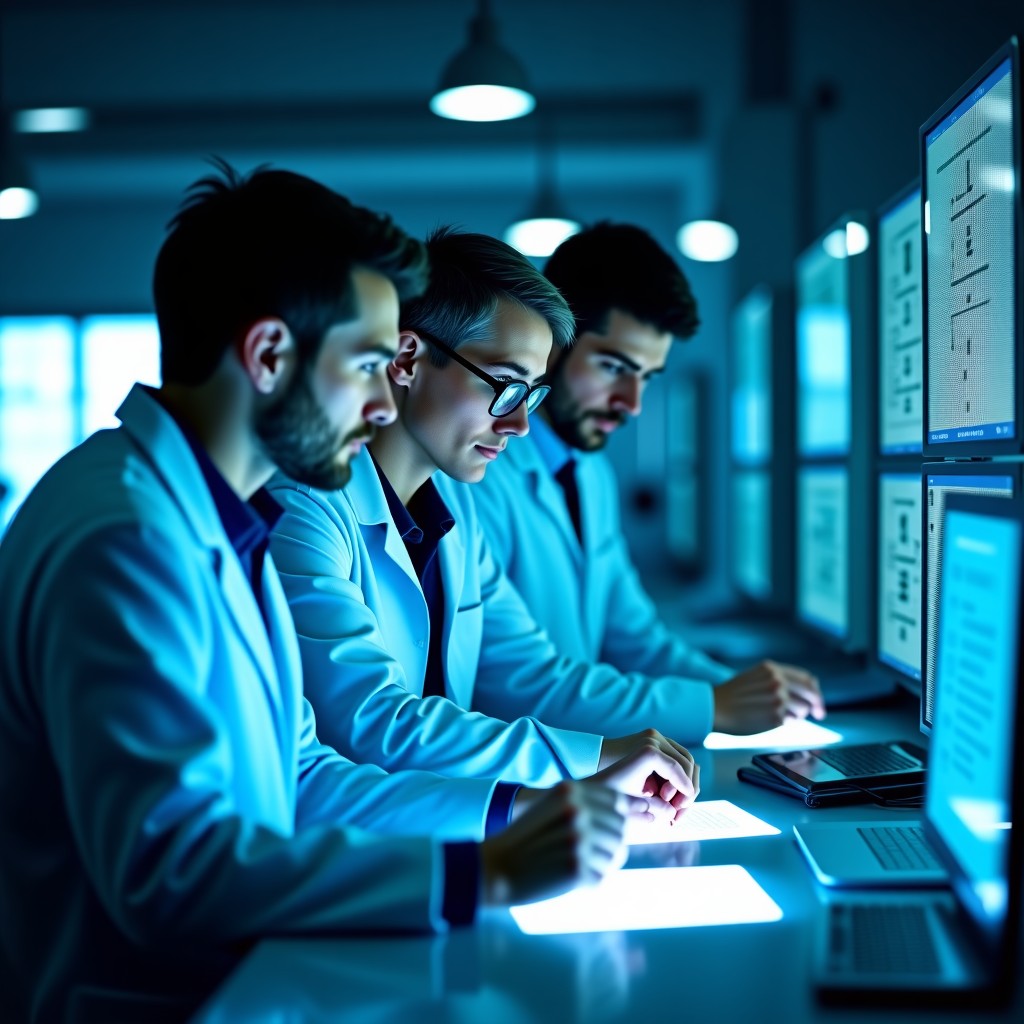 Professional researchers working together in a high-tech laboratory with transparent screens and glowing blue lights. They are focused on developing advanced artificial intelligence. 4:3