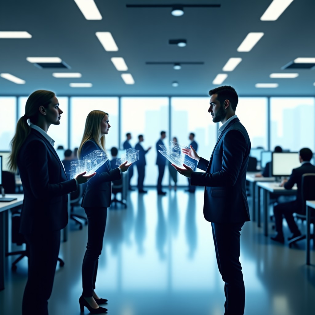 A diverse group of professional office workers in a modern workspace using advanced AI tools and holographic displays, clean and bright environment, realistic photography style, 1:1