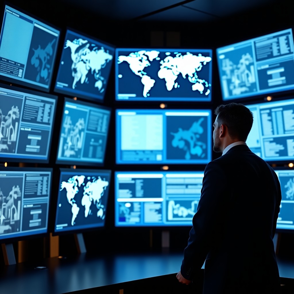 A high-tech police investigation command center with multiple large screens displaying complex data networks, digital maps, and connection charts. A professional detective is looking at the screens. The atmosphere is serious and focused. Modern office lighting, cinematic composition. 4:3