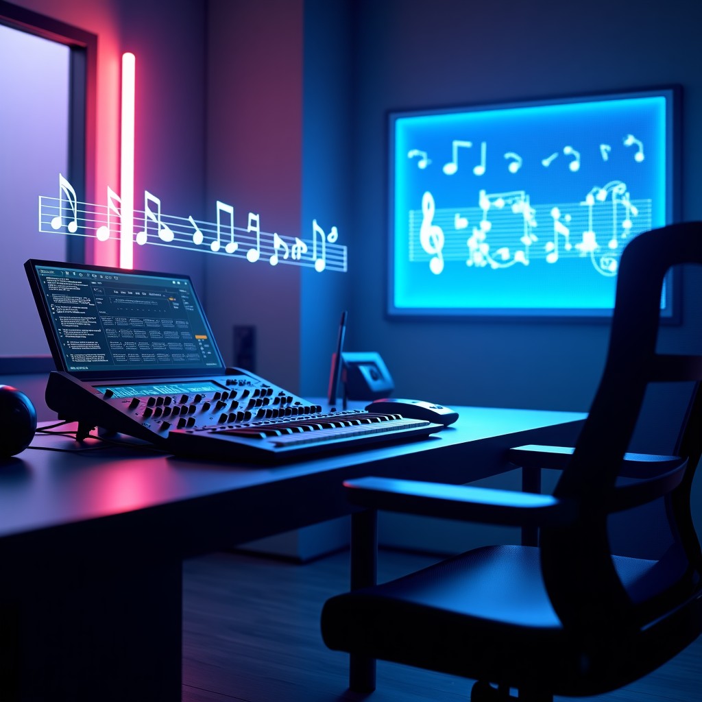 A futuristic music studio with holographic displays showing musical notes and sound frequencies. Sleek professional equipment under ambient blue and purple lighting. Cinematic lighting. No text. 4:3