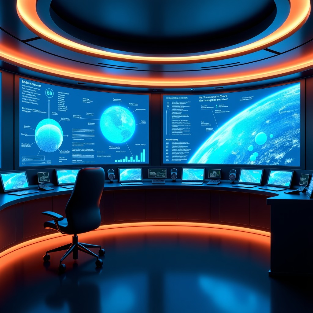 A futuristic mission control room with large holographic displays showing orbital mechanics and AI data streams, blue and orange ambient lighting, 4:3