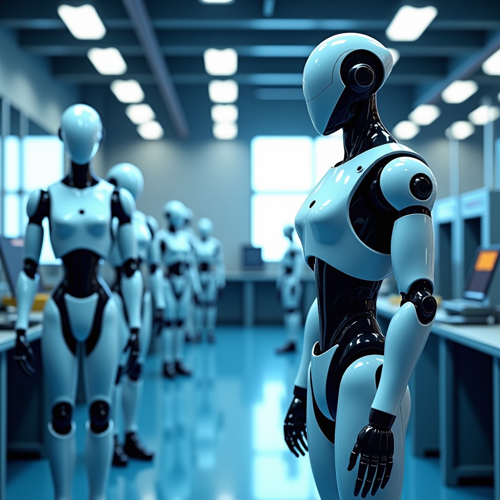 Inside a futuristic robotic manufacturing facility showing high-precision assembly of humanoid robot joints and limbs, bright blue and white lighting, professional technical atmosphere, 4:3, no text.