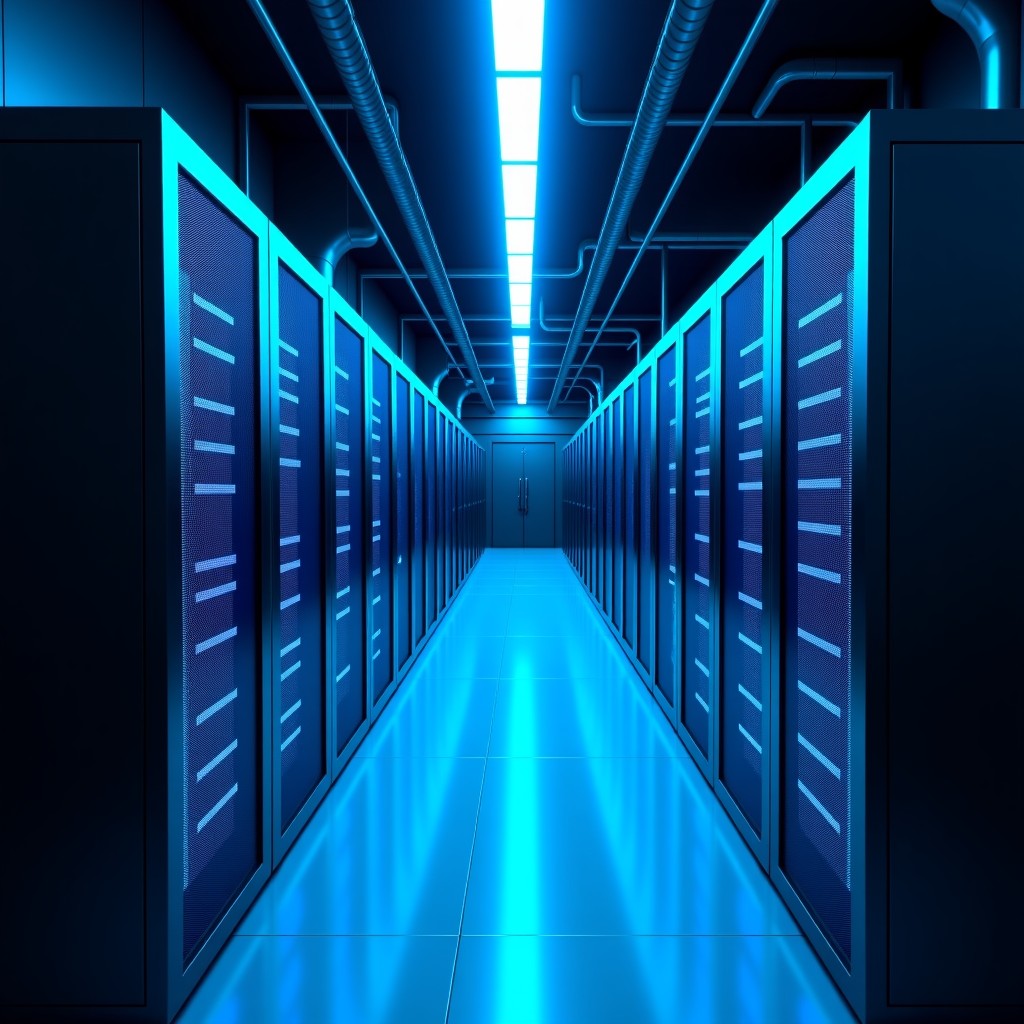 High-tech secure data center with glowing blue lights and complex server racks, cinematic lighting, wide angle, futuristic and clean design, 4:3