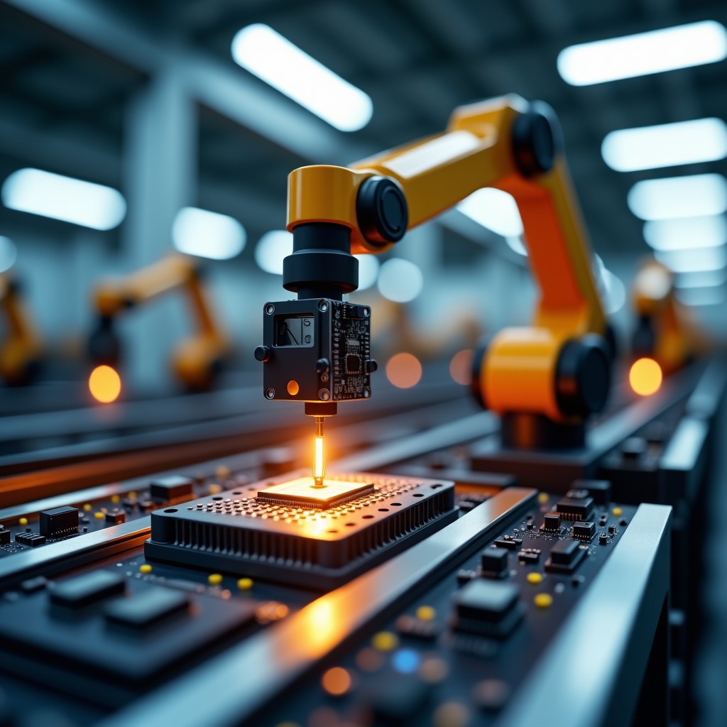 A sophisticated robotic arm working on an electronics assembly line in a modern factory. High precision movement, warm industrial lighting, shallow depth of field, 1:1