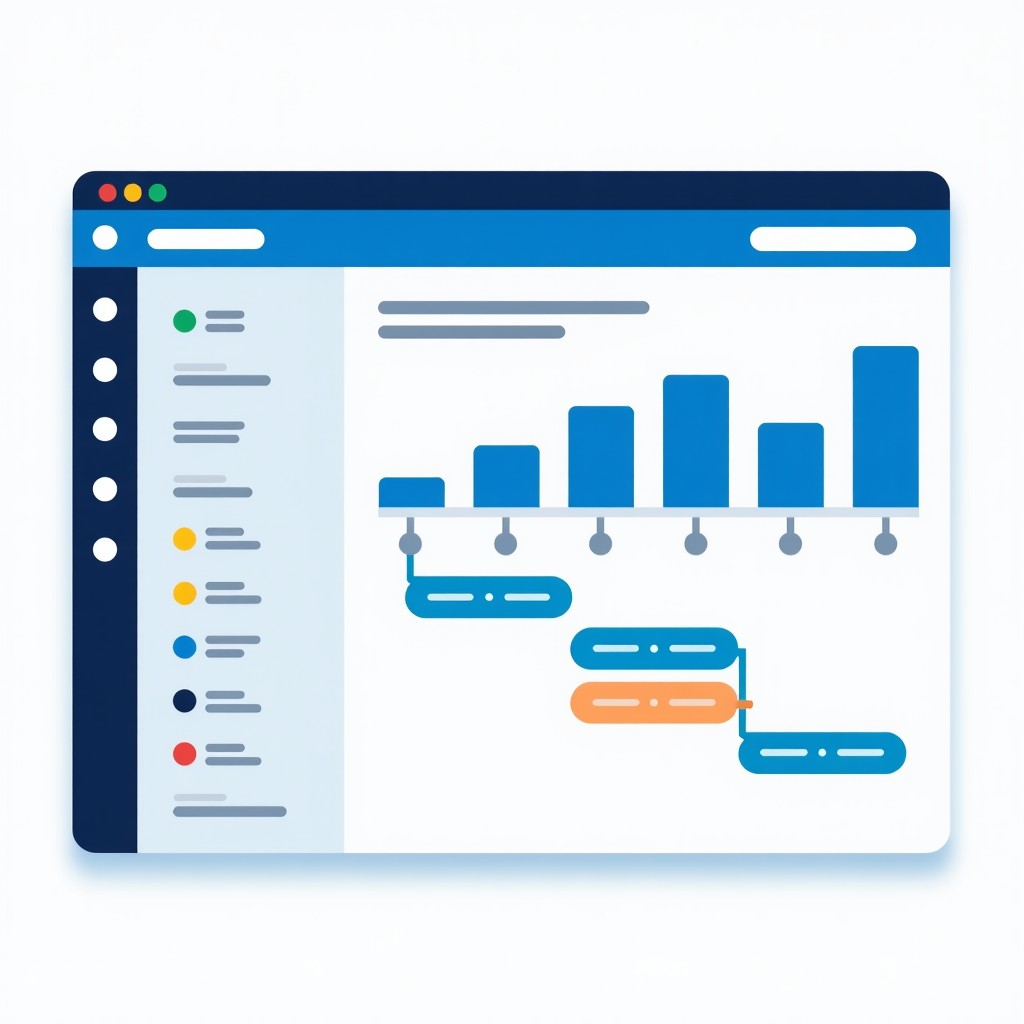 A clean and professional infographic style visualization of a project timeline and task management dashboard. Bright colors with a modern blue and white color scheme. No text. 1:1