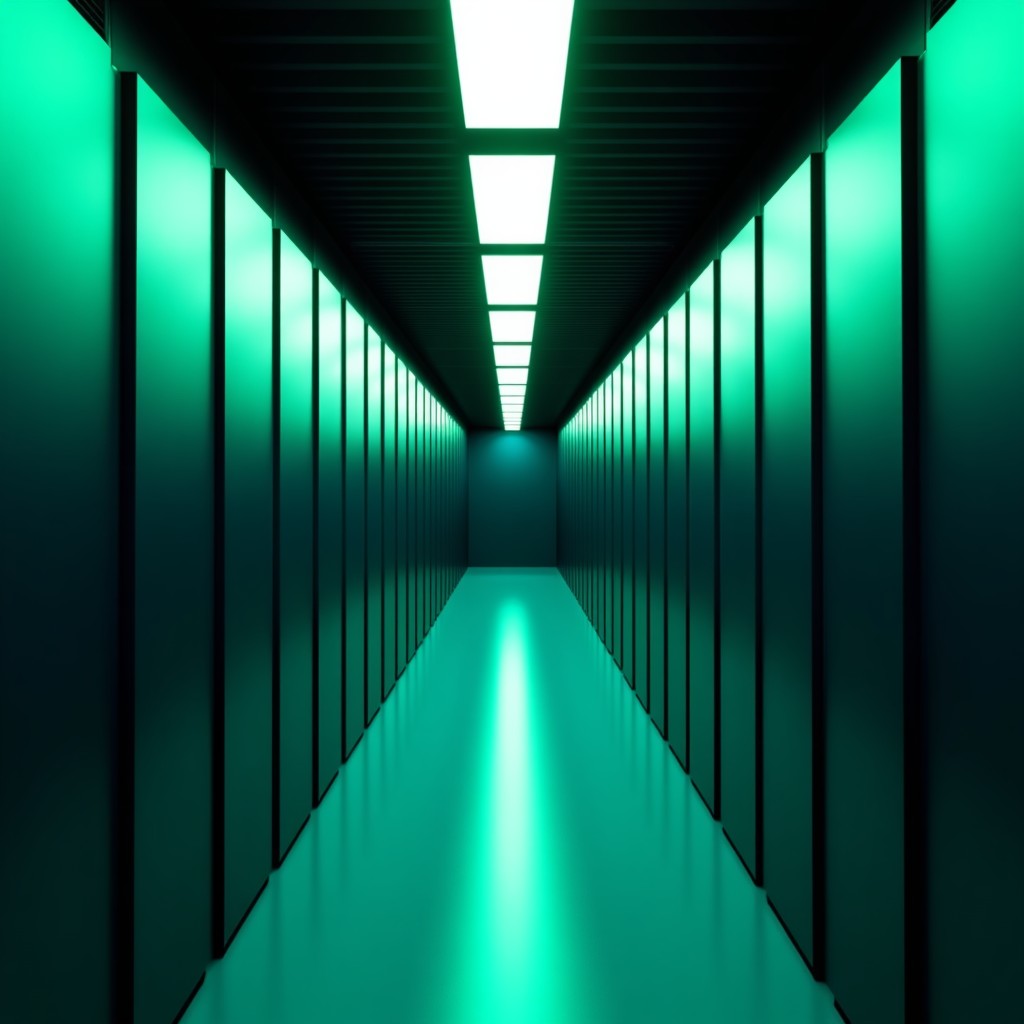 Professional high-speed server room with glowing green and blue lights, sleek metallic surfaces, representating high-performance computing and low latency, cinematic lighting, 4:3
