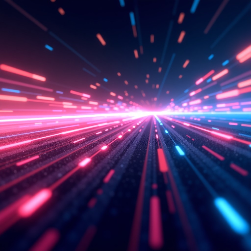 A futuristic digital representation of high speed data processing and light speed connections, vibrant neon colors, sleek abstract design, 4:3
