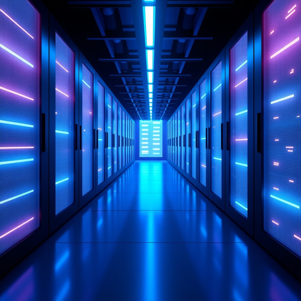 A futuristic high-tech server room with glowing blue and purple data cables representing fast AI image generation and cloud computing processing. 4:3